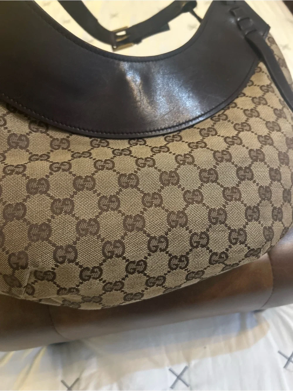 Rare & Authentic Vintage Gucci Beige Brown GG Canvas Crescent Hobo Bag
